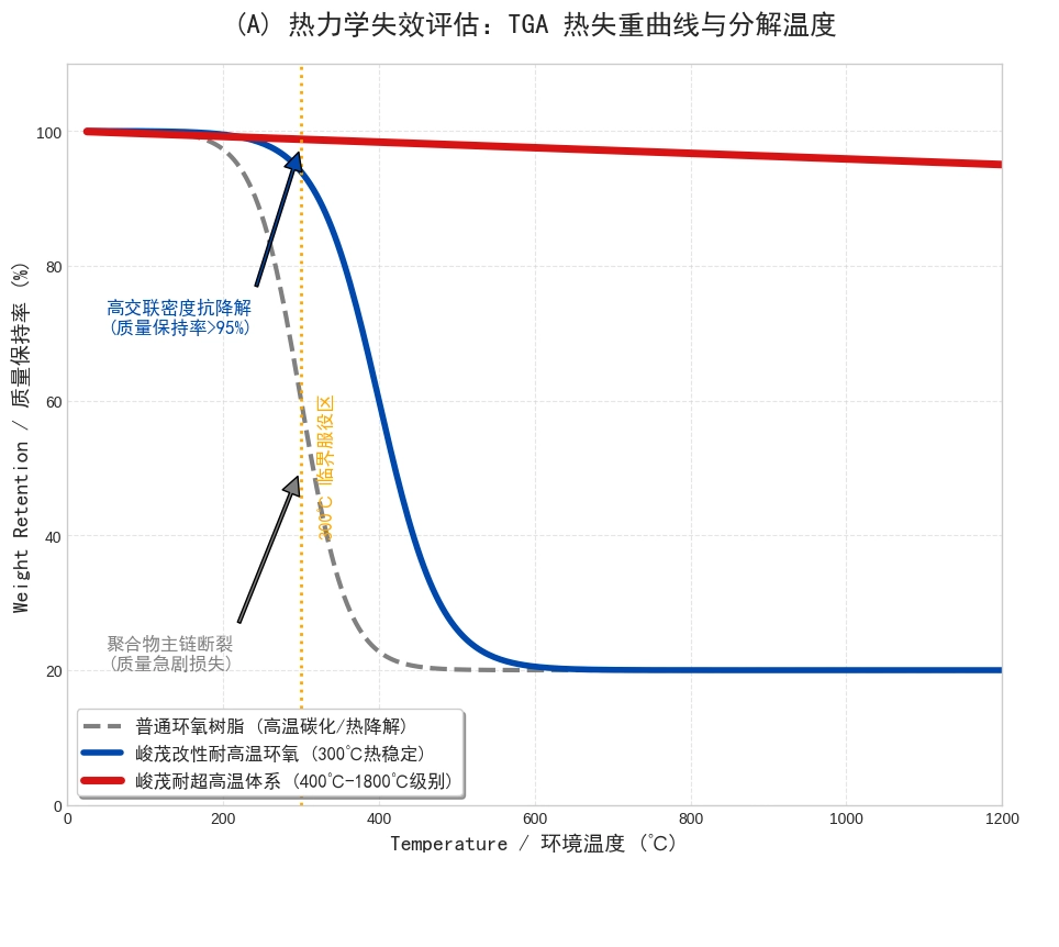 峻茂300度耐高温环氧树脂热重分析TGA曲线_超高温胶1000度质量保持率测试_聚合物抗热降解数据对比